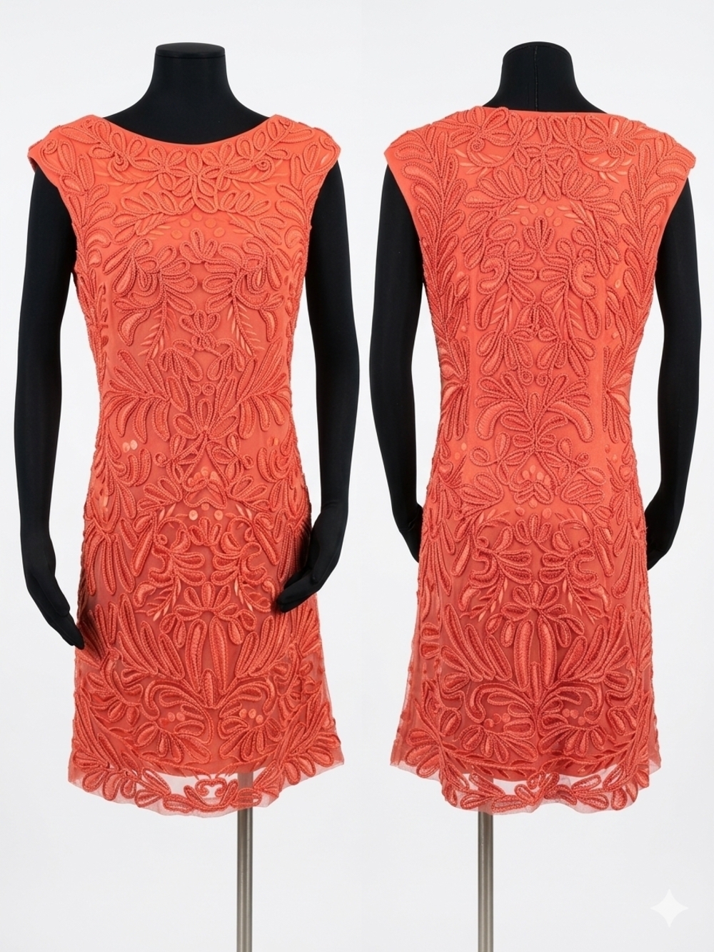 Sue Wong Coral Lace Appliqué Mini Dress - Coral